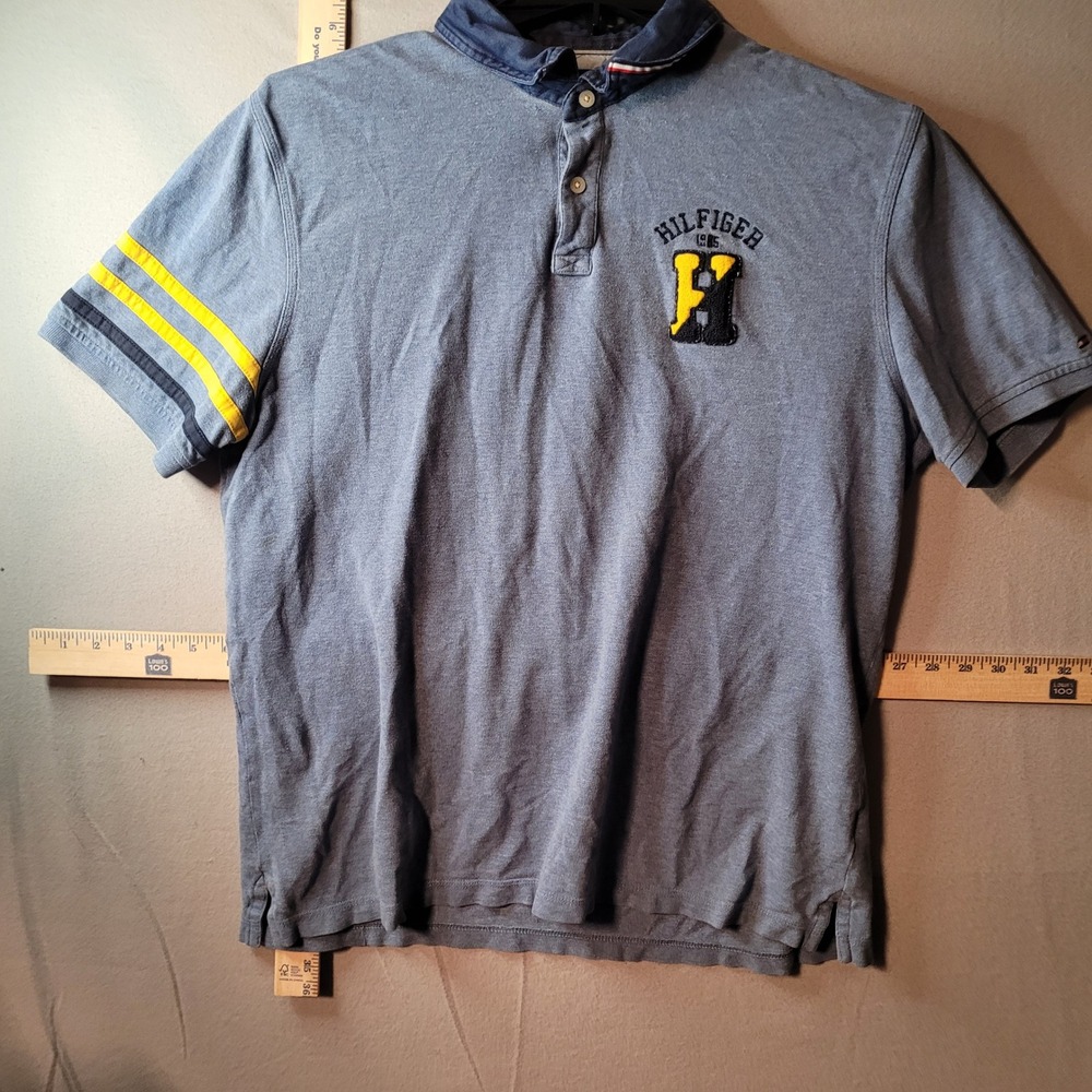 Tommy Hilfiger Mens XL Custom Fit Blue Polo Shirt Varsity H Patch Striped Sleeve